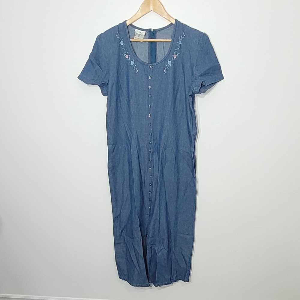 Vintage Coquette Modest Jean Short Sleeve Floral Embroidery Zip Back Retro Denim
